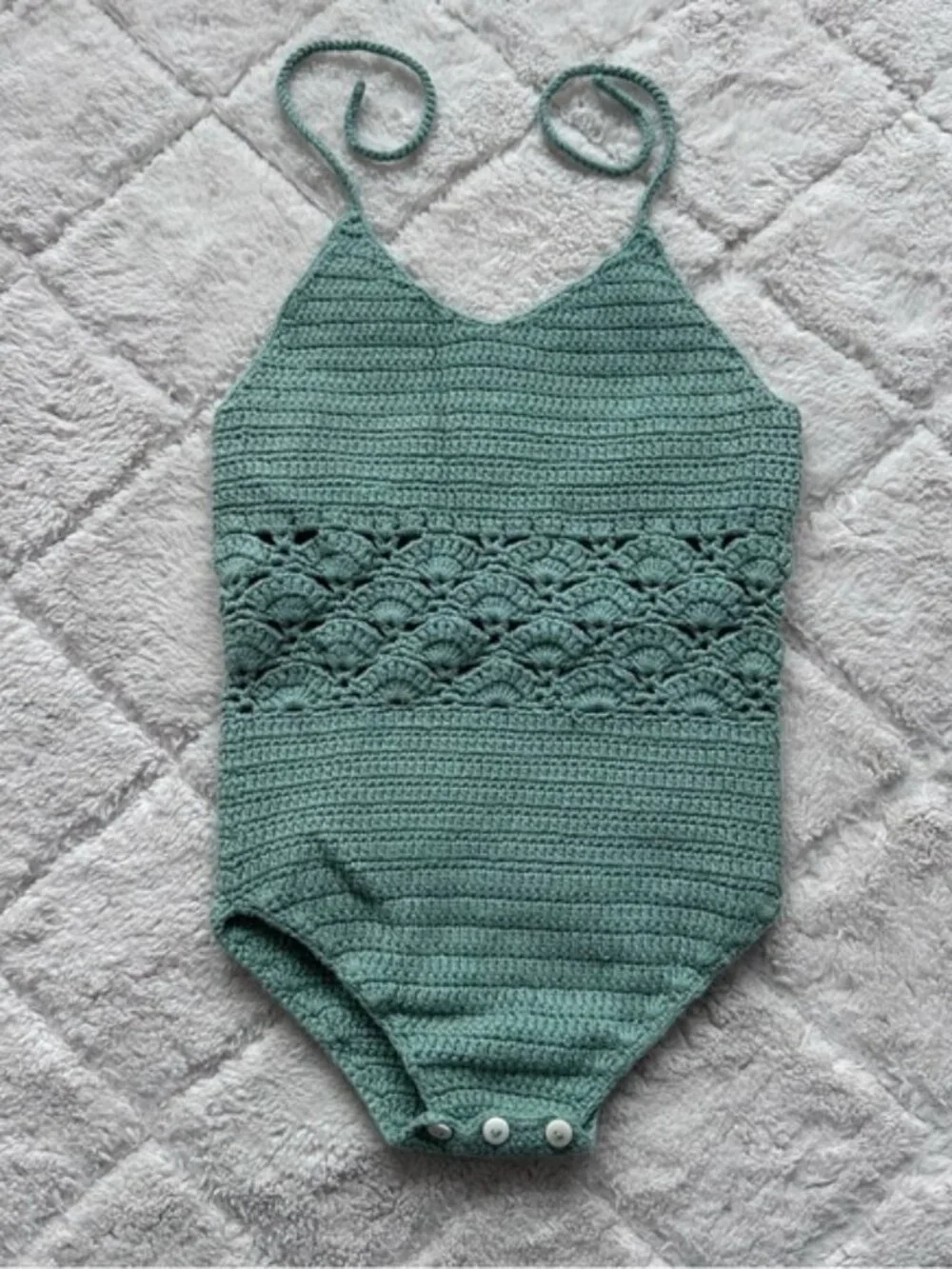 Kate Quinn | Green Organic Crochet Knit Halter Romper | Size 12-18 Months
